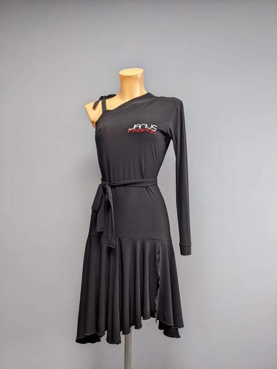 Black Latin practice dress with one sleeve | Janus Fashion